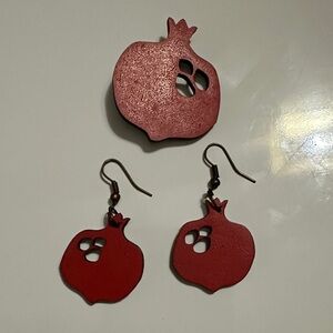 Red Pomegranate Brooch and Earrings Set